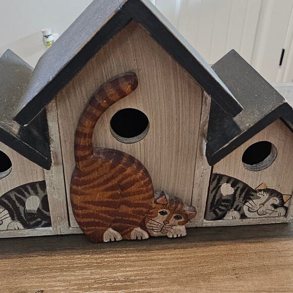 Vintage Cat Wood House Container 3 Pull Out Drawers Kitty 90s Cottage Retro - Picture 3 of 14